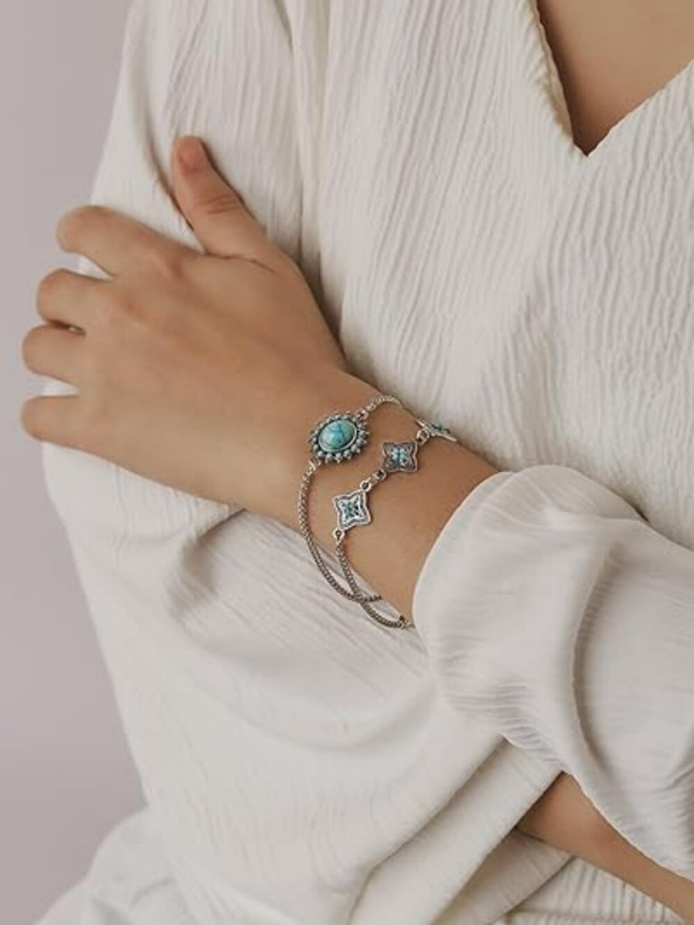 Turquoise Silver Bracelet Set Trendy Boho Western 2 Pieces